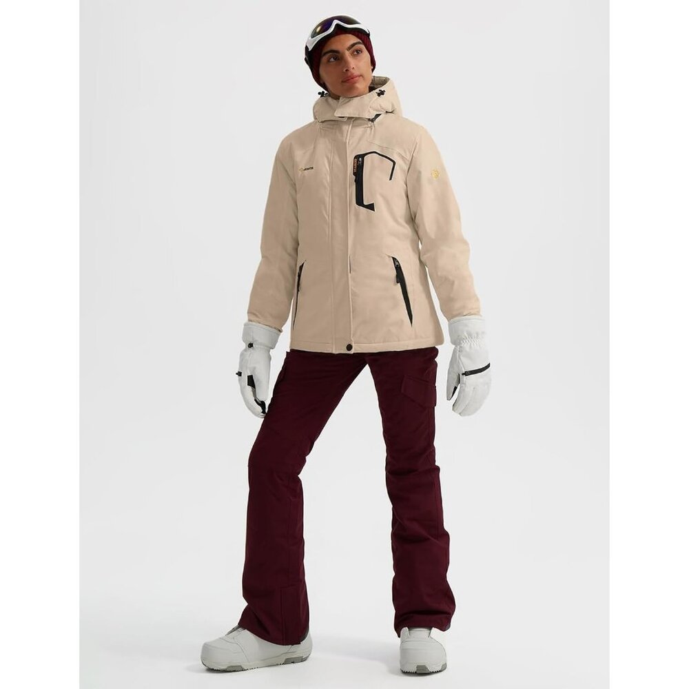 Women's Light Beige Ski Snow Hooded Jacket Coat Snowboard Waterproof Winter Warm - Picture 5 of 6